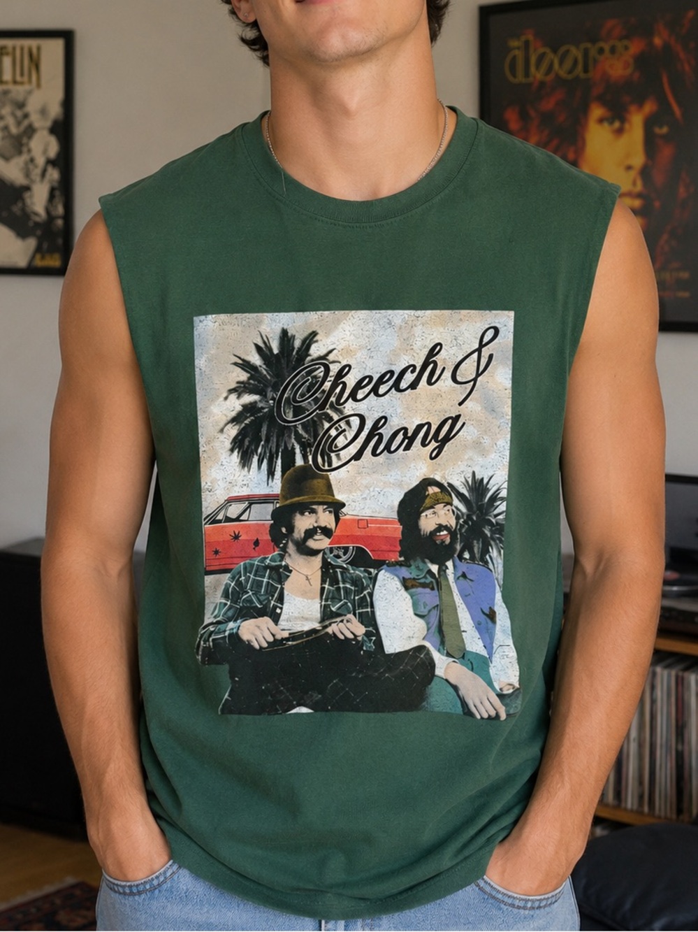 Cheech & Chong Graphic Tank Top Green Sleeveless Men's Retro Tee Size L